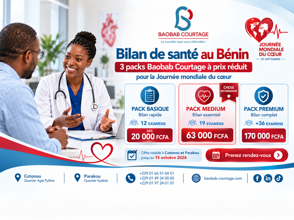 Bilan de santé au Bénin : 3 packs Baobab Courtage à prix réduit pour la Journée mondiale du cœur