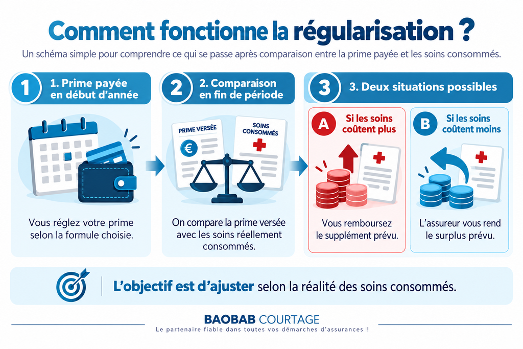 Formule classique : comparaison en fin d'année entre la prime payée et les soins consommés, puis régularisation