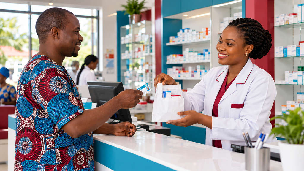 Tiers payant : un assuré présente sa carte d'assurance santé dans une pharmacie au Bénin